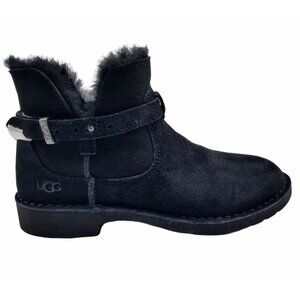 UGG Elisa Womens Black Suede Sheepskin Shearling Ankle Buckle Boots Size 6
